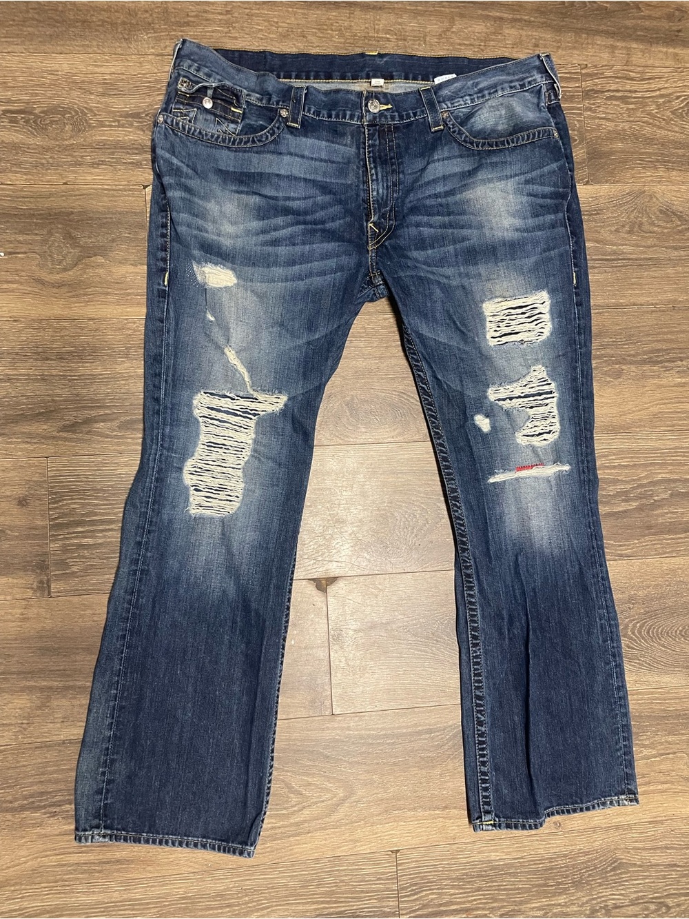True Religion Distressed Blue Denim Jeans Contemporary Ripped Style straight 44